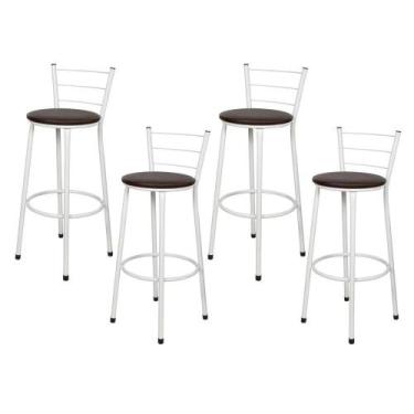 Imagem de Jogo 4 Banqueta Alta Para Cozinha Branca Epoxi Assento Marrom - Lamar 