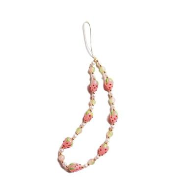 Imagem de Meefisher Pingente de telefone rosa azul vermelho com contas de morango doce fruta pérola cordão de pulso contas feitas à mão corrente de telefone anti-perda chaveiro presentes para mulheres meninas,