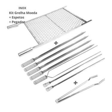 Imagem de Kit Churrasco 100% Inox, Grelha 70x60 Com 7 Espetos, Pegador - INOX LA