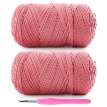 Imagem de Lpalats Pacote com 2 fios de camiseta para crochê - 800 g/200 m fio de camiseta de tecido elástico com 1 agulha de crochê (2, couro rosa)