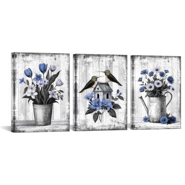 Imagem de Conipit Imagens de flores de fazenda azul pássaros florais tela preto branco azul flores arte de parede emoldurada para decoração de quarto (azul pequeno)