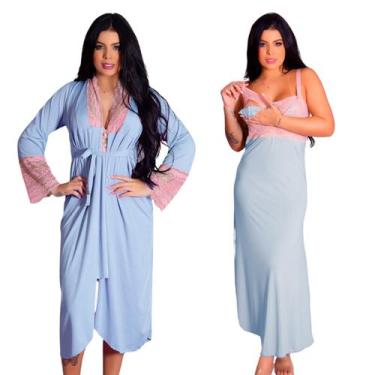 Imagem de Kit Robe Roupão e Camisola Amamentação Recorte Romântico Longos Vestid