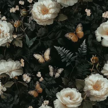 Imagem de Papel de parede floral preto escuro vintage descasque e cole creme exuberante peônia vívida borboleta botânica flores autoadesivo de contato removível à prova d'água para locatários de quarto amigável