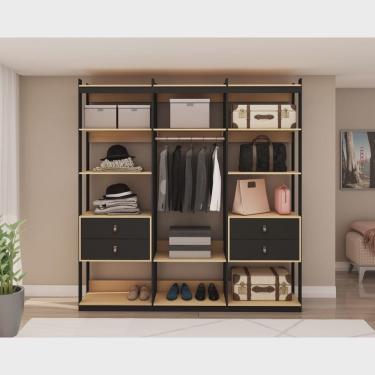 Imagem de Conjunto Closet Industrial 3 Modulado com 1 Cabideiro e 4 Gavetas com Puxador em Courinho