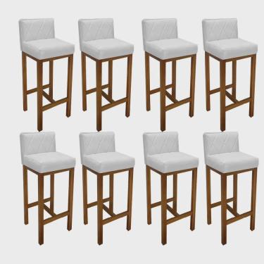 Imagem de Kit 08 Banqueta Alta Com Encosto Loren Cozinha Balcão Bistrô Base Madeira Carvalho Corino Branco - Ahz Móveis