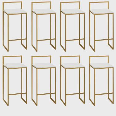 Imagem de Kit 08 Banquetas Alta Com Encosto Lino Industrial Balcão Bistrô Ferro Dourado mdf Madeira Branco - Ahz Móveis