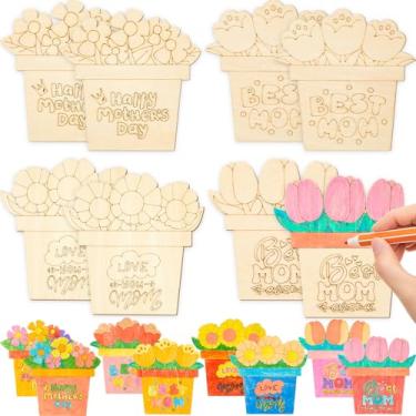 Imagem de Weysat 8 peças de ímãs de geladeira de madeira para o Dia das Mães Cor Sua Própria Mãe Flores Florais, Kits de Artesanato DIY 9 x 3,54 Polegadas/9 x 9 cm Imagem em Branco Foto Magnética Decoração de