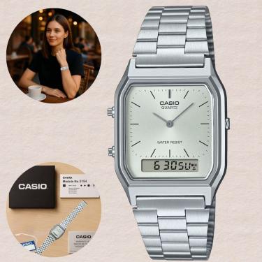 Imagem de Relógio de Pulso Casio Retro Feminino Masculino Quadrado Analogico Digital Vintage Pulseira Aço Inóx Casual Prata AQ-230A-7AMQYDF