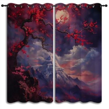 Imagem de Cortinas blackout asiáticas para decoração de casa de quarto de meninos, meninas, anime japonês, ramos de ameixa vermelha, pintura de paisagem de montanha, isolamento térmico, ilhós escurecendo
