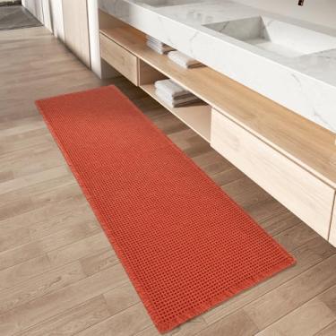 Imagem de Tapete de banheiro AMOAMI quadriculado, atualizado, superabsorvente, antiderrapante, lavável na máquina, passadeira com franjas, ideal para corredor, quarto, lavanderia, 43 x 152 cm, laranja