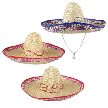 Imagem de Chapéu de palha Sombrero Mexicano Trançado Fashion Chapéu de palha com tira chinesa e borda de aba, Sortido 57 cm Médio Adulto (Único)