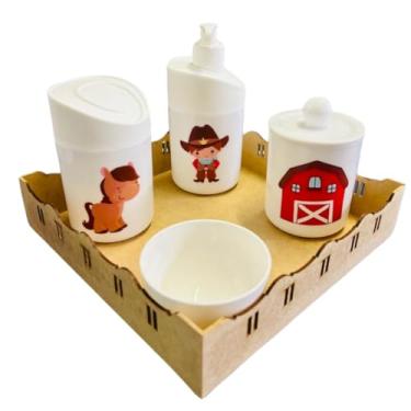 Imagem de Kit Higiene Baby Cowboy Menino c/bandeja em MDF (Quadrada crua/branca)