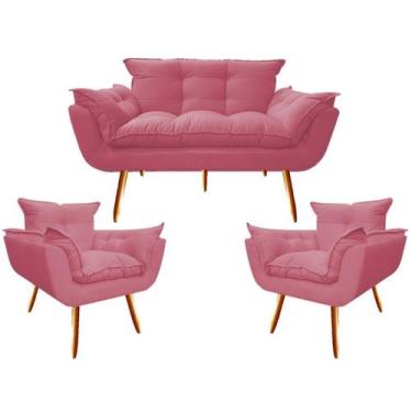 Imagem de Kit Namoradeira + 2 Poltronas Decorativa Opala Suede Rosa Pés Madeira 