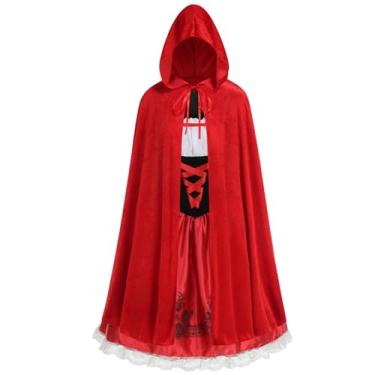 Imagem de AGCOAH Fantasia feminina com capuz de equitação de diabo vermelho, vestido de festa de Halloween com capa, cosplay adulto, Renda branca clássica, M