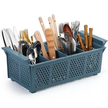 Imagem de Maxdot Cesta de talheres para lava-louças de 40,6 cm, 8 compartimentos, cesta de lavagem com alça, suporte de utensílios, prateleira de secagem para cozinha comercial (azul)