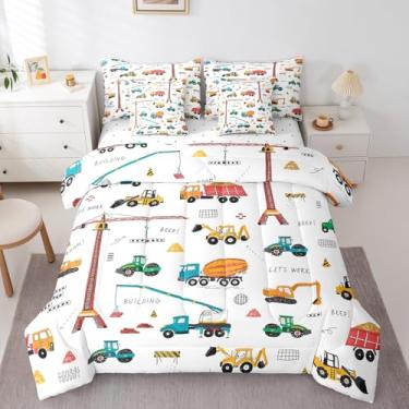 Imagem de Erosebridal Jogo de cama King com 7 peças, escavadeira, caminhões, veículos de construção, para crianças, meninos, escavadeira, guindaste, caminhão, amarelo, verde
