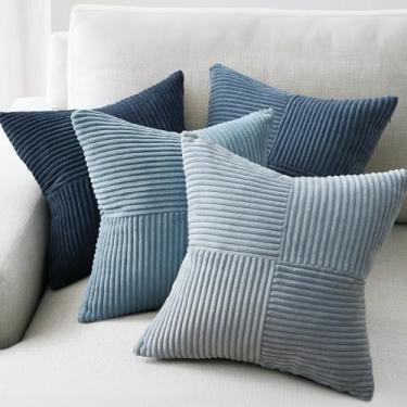 Imagem de Topfinel Capas de almofada azuis 45,7 x 45,7 cm, veludo ocidental, azul, cinza, conjunto de 4 com veludo cotelê listrado, fronhas com detalhes macios boho para sofá, cama, sala de estar, decoração de