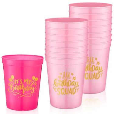 Imagem de Teenyyou Pacote com 16 copos reutilizáveis para festa de aniversário de 473 ml, copos de plástico com tema para festas de 20, 30, 40, 50, 60 anos, lembrancinha de festa para adultos (rosa vermelha)