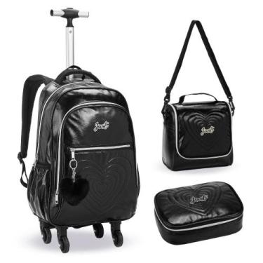 Imagem de Kit Mochila de Rodinhas + Lancheira + Estojo Love Just DENLEX, Preto