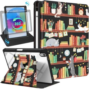 Imagem de Uppuppy Capa para iPad 10ª geração de 10,9 polegadas capa fólio com porta-lápis crianças meninas mulheres gatos fofos desenhos animados adolescentes menina bonita kawaii suporte giratório exclusivo para Apple iPad 10 Gen Cases 2022