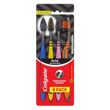 Imagem de Escova Dental Colgate ZigZag Carvão, Cerdas Macias, Limpeza Interdental Profunda, 4 Unidades