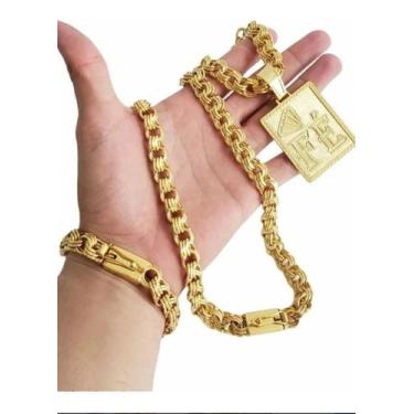 Imagem de Cordão Banhado A Ouro 18k Friso 12mm Com Pulseira E Pingente - MK Jóia