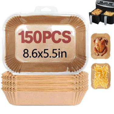 Imagem de 150 peças de forros de fritadeira a ar para ninja, cesta dupla descartável de papel de fritadeira a ar de 21,7 x 14 cm, papel pergaminho não branqueado antiaderente, acessórios de panificação, forros
