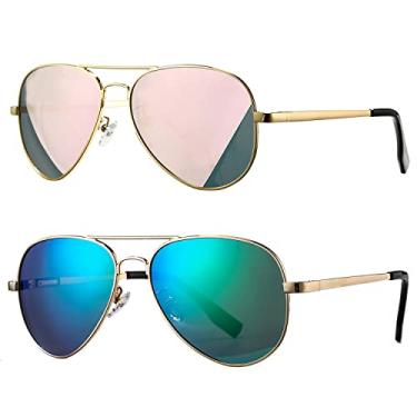 Imagem de Óculos de sol aviador polarizado infantil – Óculos de sol polarizados HOHENS para rosto pequeno, feminino, masculino, lentes de proteção UV400, 52 mm, Pacote com 2 (prata/roxo espelhado + dourado/marrom), MM