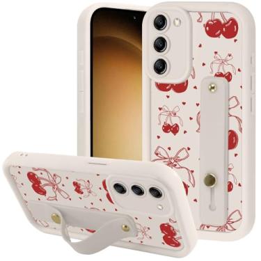 Imagem de Zrutru Capa de telefone estética com laço cereja para Samsung Galaxy S23 5G com alça de pulso de mão macia ajustável flexível suporte de silicone à prova de choque Funda para Samsung S23 de 6,1