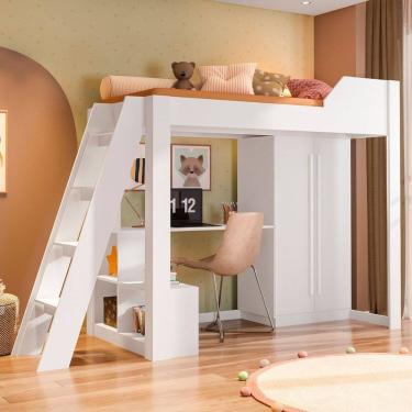 Imagem de Cama Alta Office Infantil e Juvenil com Escrivaninha e Roupeiro Vivace Branco