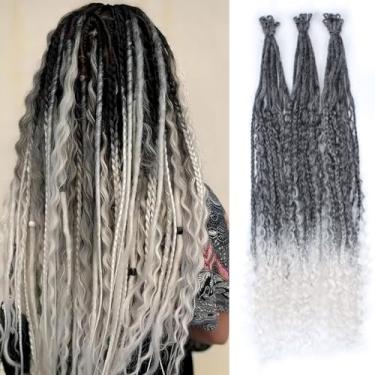 Imagem de Lounoke Extensões Boho Dreadlock 24 em 30 fios, extensões de dreads encaracolados sintéticos cinza a branco com trança de caixa, dreadlocks 100% feitos à mão estilo hippie para mulheres