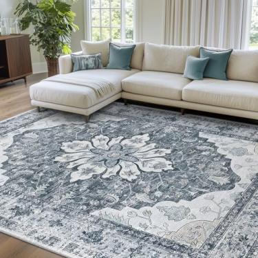 Imagem de RELEANY Tapetes De 8' X 10' Laváveis, Antiderrapantes, Com Estampa Floral Vintage, Medalhão, Para Sala Estar, Quarto, Jantar, Cinza Claro, Branco