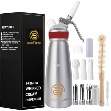 Imagem de Dispensador profissional de chantilly - Máquina de chantilly de 500 ml com aderência de silicone - Dispensador de chantilly caseiro resistente - Recipiente de chantilly com 6 pontas de decoração e 2