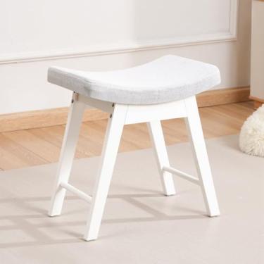Imagem de COSTASKF Banqueta pequena com almofada de sela, cadeira de maquiagem de madeira maciça com assento de esponja, banco de apoio para os pés fácil de montar para quarto, entrada, banheiro, linho branco