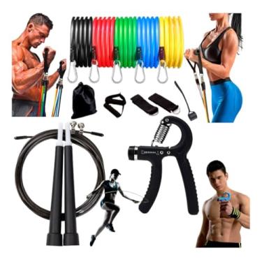 Imagem de Kit Elástico 11 Peças Elasticas Aparelho Hand Grip Para as Mãos Exercício Corda Pular Completo Kit Treinamento Academia em Casa e Fisioterapia
