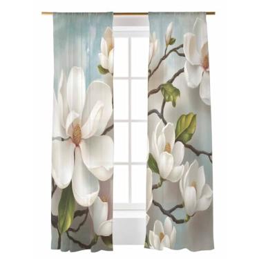 Imagem de Cortinas transparentes de flor de magnólia branca 213 cm de comprimento ramo de folha verde vintage pastoral planta botânica conjunto de 2 painéis de cortina transparente de chiffon cortinas