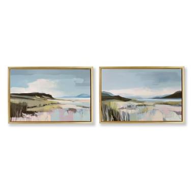 Imagem de Stupell Industries Conjunto de tela flutuante com moldura dourada Verdant Coastal Waters 2 peças por Elara Yasna, 21 x 31