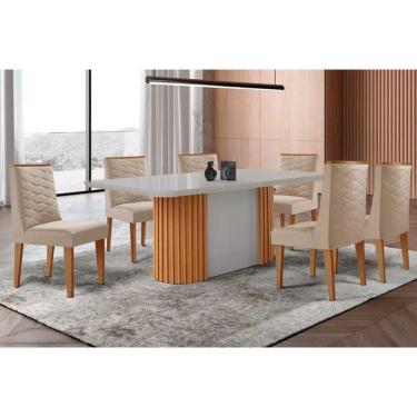 Imagem de Conjunto Sala de Jantar Pilar c/ Tampo Madeirado c/ Vidro Canto Curvo 180x90cm e 6 Cadeiras Dafne Madeira Maciça Naturale/Off White - Capuccino/Suede 