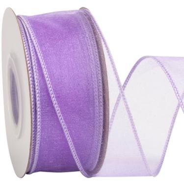 Imagem de Zofrud Fita com fio de organza roxa de 3,5 cm – Fita transparente de 20 metros com borda metálica para embrulho de presente, laços, arranjos florais, artesanato e decorações de casamento