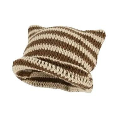 Imagem de Gorro Feminino De Inverno Listrado Com Orelhas De Gato, Estilo Coreano