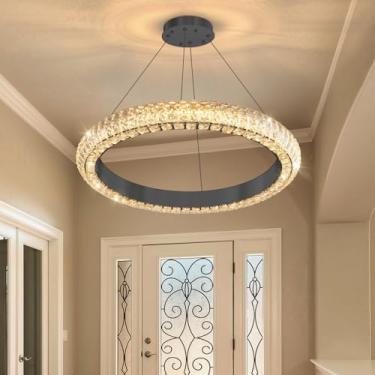 Imagem de Lustre de cristal moderno de LED regulável de 61 cm com altura ajustável, lustre de cristal redondo, luminárias para sala de jantar, sala de estar, cozinha, ilha, preto