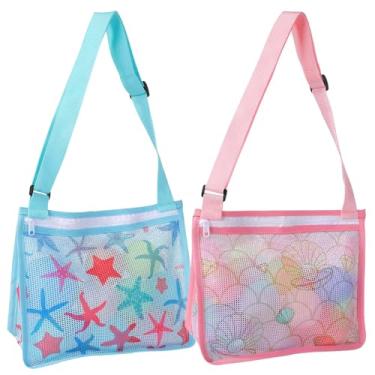 Imagem de Pacote com 2 sacos de malha de concha com zíper, bolsa de concha para brinquedos de areia, bolsa de malha para brinquedos, itens essenciais de praia para crianças, Concha rosa + estrela do mar azul