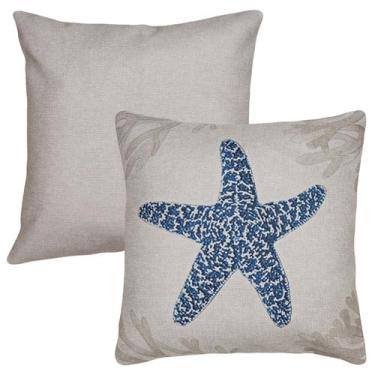 Imagem de Kit 2 Almofadas Linho Liso e Cavalo Estrela Coral Concha Mar 45x45cm +