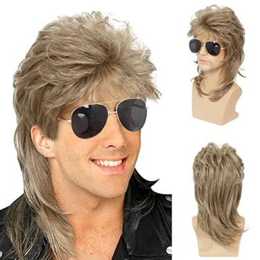 Imagem de Sallcks Peruca masculina estilo mullet dos anos 80, fantasias de Halloween, peruca punk rocker, peruca longa loira extravagante para festa