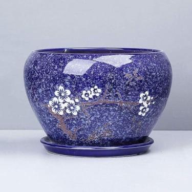 Imagem de Vaso De Flores Vintage Azul Esmaltado Com Suculentas De Cerâmica Casa Interior Bacia Extra Grande De Cerâmica Com Furo De Drenagem Vasos De Bonsai, 17.5cm*14cm