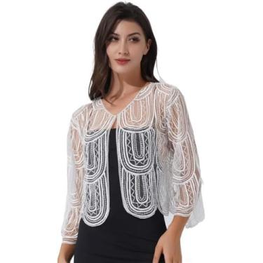 Imagem de Lantejoulas Ocas Lace Manga Longa Xale E Wraps Encolher De Ombros Frente Aberta Cardigan Jaqueta Nupcial Casamento Wraps, White, One Size