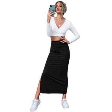 Imagem de Saia Midi Canelada Tubinho Cintura Alta Com Fenda Lateral Elegante Fem