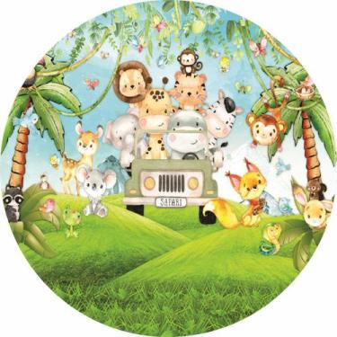 Imagem de Painel de Lona Redondo Safari Animais Jeep Aquarela - Fabrika De festa