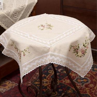 Imagem de Toalha de mesa quadrada de cabeceira quadrada bordada floral toalha de mesa pequena rústica com acabamento em renda, resistente a amassados, capa de mesa lavável para festa de casamento, café