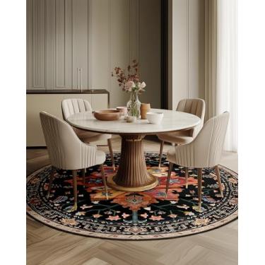 Imagem de RELEANY Tapetes de área de 2,1 m, lavável, antiderrapante, floral, vintage, estampa de angústia, tapete medalhão para sala de estar, quarto, sala de jantar, preto, colorido, floral, castanho-escuro